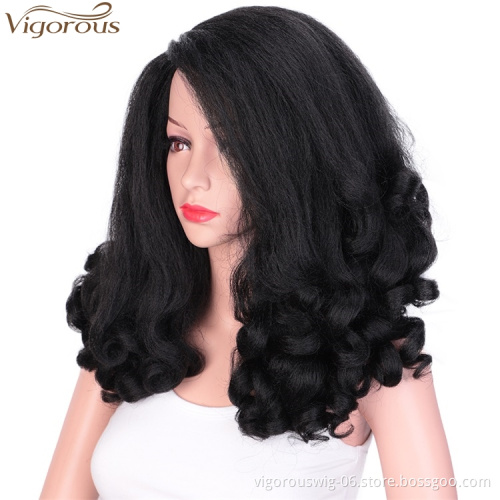 Vigorous 20 inch Synthetic High Temperature Fiber Afro Yaki Straight Wig Wave Ends Kinky Fluffy Hair Wig Wholesale Price